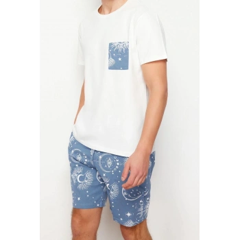 Erkek %100 Pamuk Bisiklet Yaka Kısa Kol Mavi Baskılı Regular Fit Couple Örme Şortlu Pijama Takımı