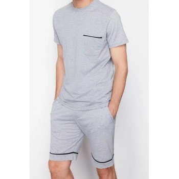 Erkek %100 Pamuk Bisiklet Yaka Kısa Kol Melanj Regular Fit Biyeli Örme Şortlu Pijama Takımı