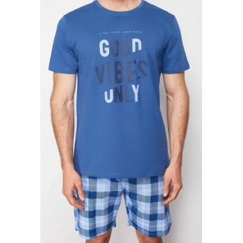 Erkek %100 Pamuk Bisiklet Yaka Kısa Kol İndigo Ekose Regular Fit Örme Şortlu Pijama Takımı