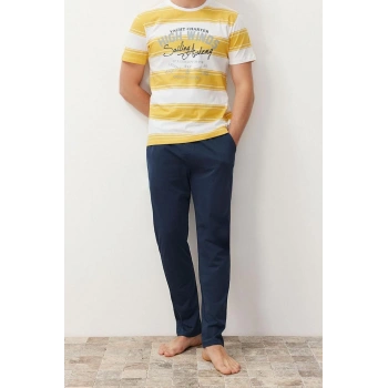 Erkek %100 Pamuk Bisiklet Yaka Kısa Kol Regular Fit Çizgili Örme Pijama Takımı