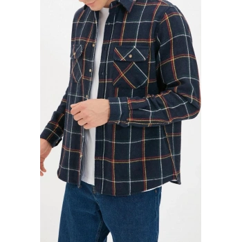 Erkek Moda Uzun Kol Dokuma Lacivert Regular Fit Uzun Kollu Çift Cepli Kışlık Oduncu Kareli Gömlek