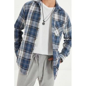 Erkek Moda Uzun Kol Dokuma Mavi Slim Fit Kışlık Kareli Ekose Oduncu Gömlek