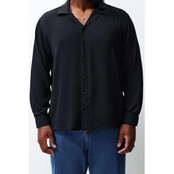Erkek Moda Uzun Kol Dokuma Siyah Regular Fit Fit Apaş Yaka Yazlık Keten Görünümlü Büyük Beden Gömlek