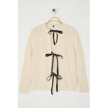 Kadın Moda Şık Büyük Beden Regular Bisiklet Yaka Regular Kurdele Bağlamalı Crop Triko Hırka