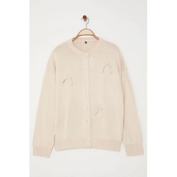 Kadın Moda Şık Büyük Beden Regular Bisiklet Yaka Regular Fiyonk Detaylı Triko Hırka