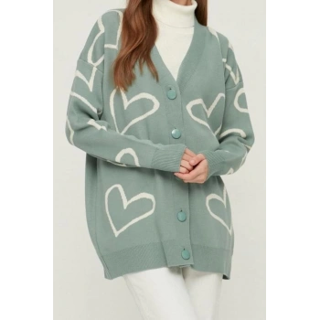 Kadın Moda Şık Tesettür Regular V Yaka Relaxed V Yaka Kalp Desenli Triko Hırka