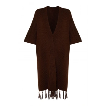 Kadın Moda Şık Tesettür Uzun Şal Yaka Regular Etek Ucu Püsküllü Uzun Triko Hırka