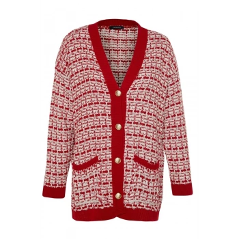 Kadın Moda Şık Midi V Yaka Oversize Geniş Kalıp Tüvit Görünümlü Simli Triko Hırka