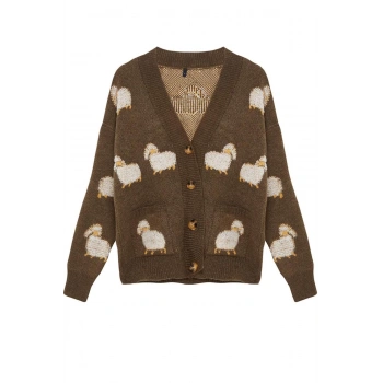 Kadın Moda Şık Regular V Yaka Regular Yumuşak Dokulu Hayvan Desenli Triko Hırka