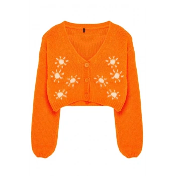 Kadın Moda Şık Crop V Yaka Regular Yumuşak Dokulu Desenli Triko Hırka