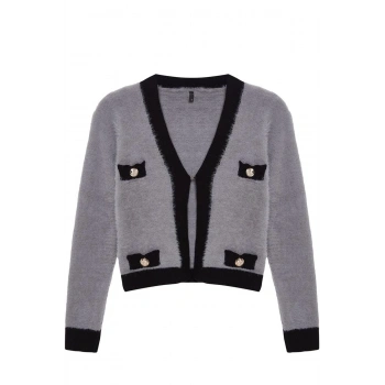 Kadın Moda Şık Regular V Yaka Regular Tüylü Sakal İp Renk Bloklu Triko Hırka