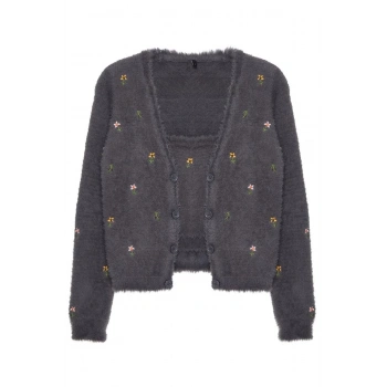 Kadın Moda Şık Regular V Yaka Regular Tüylü Sakal İp Bluz-Hırka Triko Takım