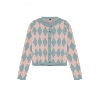 Kadın Moda Şık Crop Bisiklet Yaka Slim Crop Desenli Jakarlı Ceket Görünümlü Triko Hırka