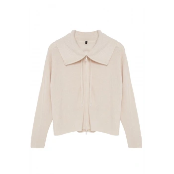 Kadın Moda Şık Regular Dik Yaka Oversize Geniş Kalıp Fermuar Detaylı Triko Hırka