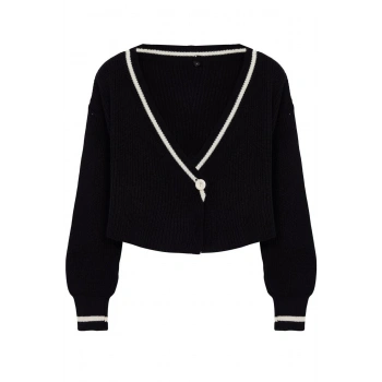 Kadın Moda Şık Crop Kruvaze Regular Crop Renk Bloklu Triko Hırka