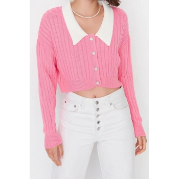 Kadın Moda Şık Crop Bebe Yaka Regular Süper Crop Gömlek Yaka Garnili Triko Hırka