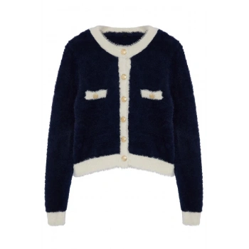 Kadın Moda Şık Crop Bisiklet Yaka Slim Crop Sakal Tüylü İplikli Ceket Görünümlü Triko Hırka