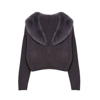 Kadın Moda Şık Crop V Yaka Regular Crop Kürk Detaylı Triko Hırka