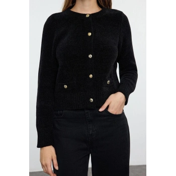 Kadın Moda Şık Crop Bisiklet Yaka Regular Premium İplik Cep Detaylı Triko Hırka