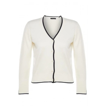 Kadın Moda Şık Regular V Yaka Slim Premium İplik Kontrast Renkli Triko Hırka