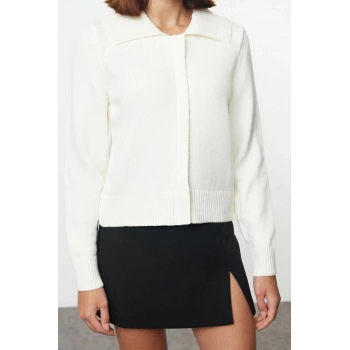 Kadın Moda Şık Regular Polo Yaka Regular Yumuşak Dokulu Fermuarlı Devrik Yaka Triko Hırka