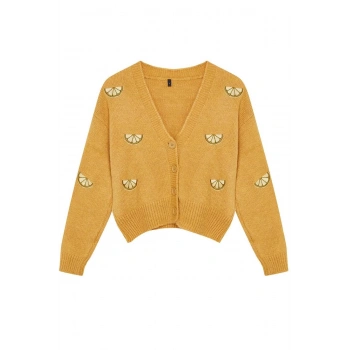 Kadın Moda Şık Regular V Yaka Regular Yumuşak Dokulu Nakış Detaylı V Yaka Triko Hırka