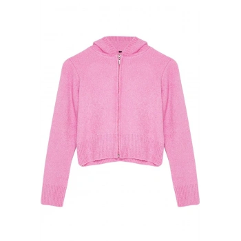 Kadın Moda Şık Crop Kapüşonlu Regular Crop Kapüşonlu Buklet Triko Hırka