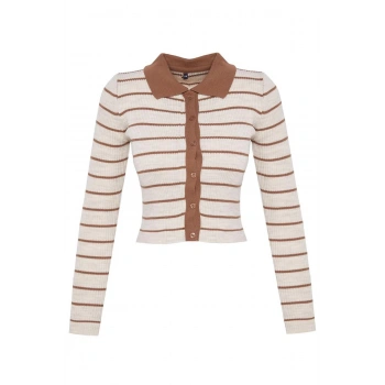 Kadın Moda Şık Crop Polo Yaka Slim Crop Çizgili Polo Yaka Triko Hırka