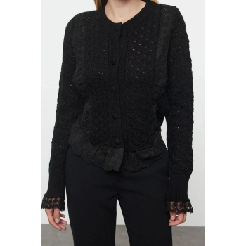 Kadın Moda Şık Crop Bisiklet Yaka Regular Crop Dantelli Ajurlu Delikli Triko Hırka