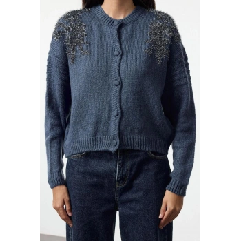 Kadın Moda Şık Regular Bisiklet Yaka Regular Oversize Yumuşak Dokulu Parlak Sim İşlemeli Triko Hırka