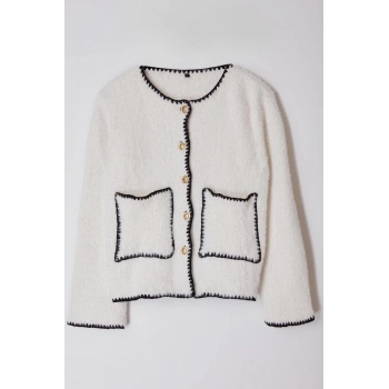 Kadın Moda Şık Regular Bisiklet Yaka Regular Tüylü Yumuşak Dokulu Ceket Görünümlü Triko Hırka