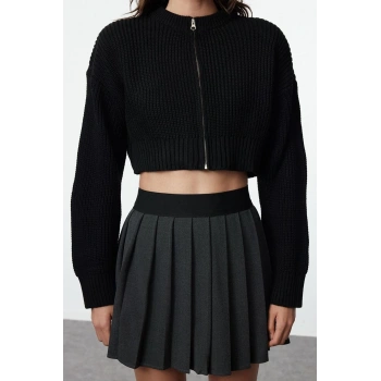 Kadın Moda Şık Crop Bisiklet Yaka Regular Crop Vatka Detaylı Triko Hırka