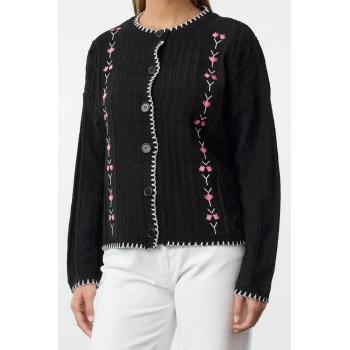 Kadın Moda Şık Regular Bisiklet Yaka Regular Nakış Detaylı Triko Hırka