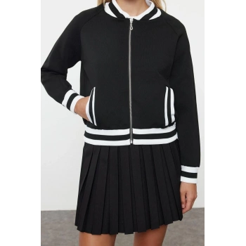 Kadın Moda Şık Regular Bisiklet Yaka Slim Fermuarlı Ceket Görünümlü Triko Hırka