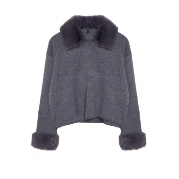 Kadın Moda Şık Regular Polo Yaka Regular Kürk Detaylı Triko Hırka