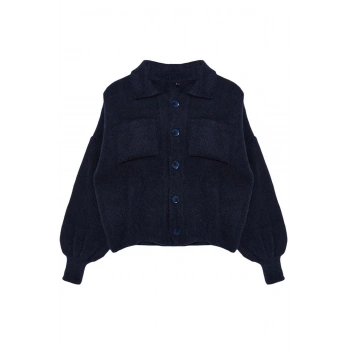 Kadın Moda Şık Regular Polo Yaka Regular Yumuşak Dokulu Mont Görünümlü Triko Hırka