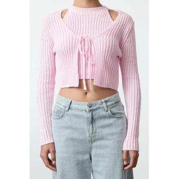Kadın Moda Şık Crop V Yaka Slim Crop Bluz-Hırka Takım Triko Hırka
