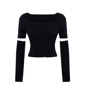 Kadın Moda Şık Crop Kare Yaka Slim Crop Tüylü Triko Hırka