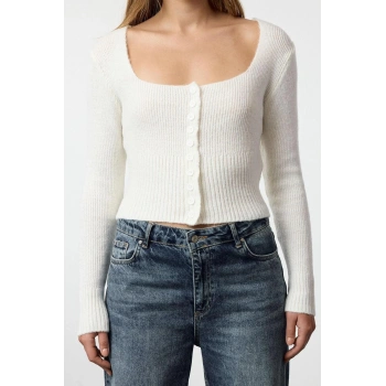 Kadın Moda Şık Crop Kare Yaka Regular Crop Kare Yaka Triko Hırka