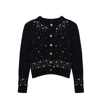 Kadın Moda Şık Crop Bisiklet Yaka Slim Crop Yumuşak Dokulu İnci Detaylı Ceket Görünümlü Triko Hırka