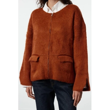 Kadın Moda Şık Regular Bisiklet Yaka Regular Yumuşak Dokulu Mont Triko Hırka