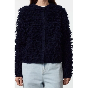 Kadın Moda Şık Regular Bisiklet Yaka Regular Püsküllü Mont Triko Hırka