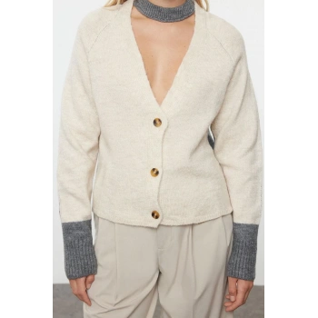 Kadın Moda Şık Regular V Yaka Regular Yumuşak Dokulu Renk Bloklu Triko Hırka