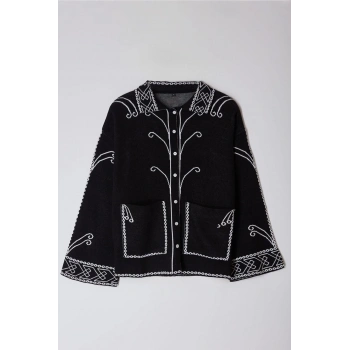 Kadın Moda Şık Regular Polo Yaka Regular Etnik Desenli Triko Hırka