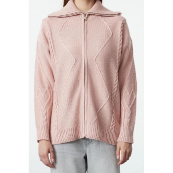 Kadın Moda Şık Regular Devrik Yaka Regular Yumuşak Dokulu Kapüşonlu Fermuarlı Triko Hırka