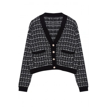 Kadın Moda Şık Regular V Yaka Slim Tüvit Görünümlü Triko Hırka