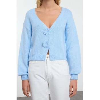 Kadın Moda Şık Regular V Yaka Slim Gül Detaylı Triko Hırka