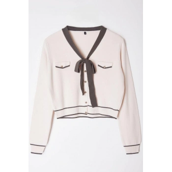 Kadın Moda Şık Regular V Yaka Slim Kurdele Fiyonk Detaylı Triko Hırka