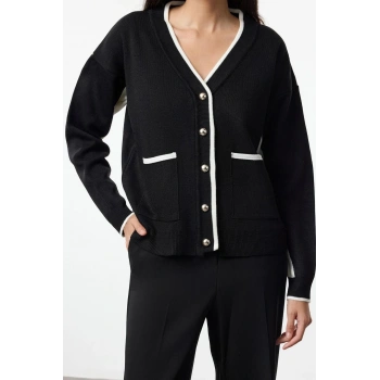 Kadın Moda Şık Regular V Yaka Oversize Renk Bloklu Geniş Kalıp Triko Hırka