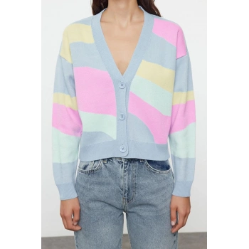 Kadın Moda Şık Regular V Yaka Regular Renk Bloklu Triko Hırka